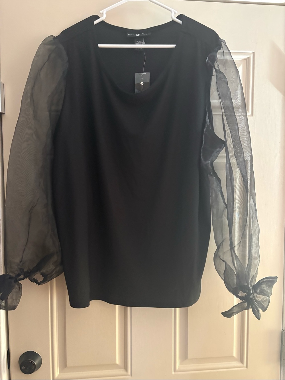 New Ashley Stewart Black Sheer Puff-Sleeve Blouse with bows on cuff
